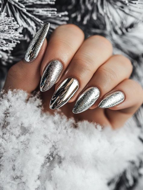 New Year’s Eve Nail Ideas for 2025: Glitter, Glam, and Luxe Designs Nude Nails For New Years, New Years Nails Silver Glitter, Silver Chrome And Glitter Nails, Dip Nails For New Years, Chrome New Years Eve Nails, 2025 New Years Nails Ideas, New Years Chrome Nails, New Years Party Nails, Silver Fingernails