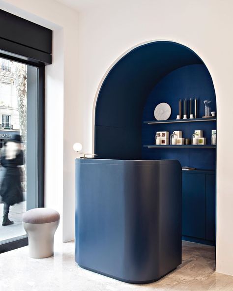 // b e a u t y Blue Reception Desk, Interior Kantor, Reception Desk Design, Reception Counter, Arch Interior, Interior Vintage, Counter Design, Lobby Design, Clinic Design