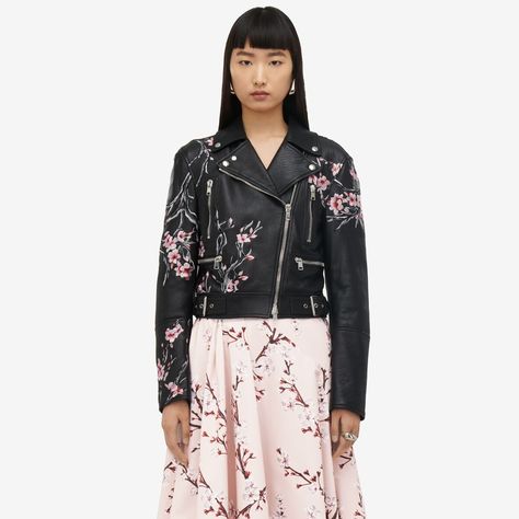 Biker jacket in black grainy leather featuring a pink and ivory Blossom embroidery, wide notched lapels and zip detailing. The jacket is finished with an off-centre zip fastening and a buckled waist belt. Floral Leather Jacket, Blossom Embroidery, Black Alexander Mcqueen, Blossom Print, Iconic Fashion, Leather Denim, Dark Beauty, Coat Dress, Denim Top