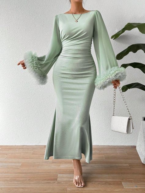 Canary Houze · Products · Elegance Personified: Purple Ruffle Trim Trumpet Sleeve Mermaid Hem Dress · Shopify Shefong Dress, Mint Green Dress Outfit Wedding, Mint Green Dress Outfit, Mint Green Dresses, Black Formal Midi Dress, Mint Green Outfits, Green Dress Outfit, Mode Purple, Mint Green Dress