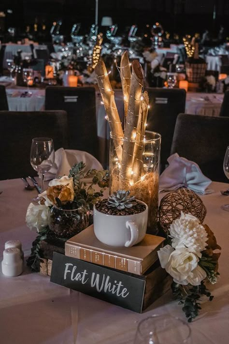 Coffee Bars At Weddings, Coffee Can Centerpiece Ideas, Coffee Themed Bridal Shower Centerpieces, Wedding Coffee Theme, Coffee Themed Table Decor, Coffee Centerpieces Wedding, Coffee Wedding Decor, Coffee Theme Decor Party Ideas, Coffee House Wedding