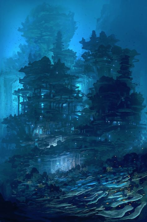 Underwater Kingdom Underwater City, Underwater Scene, Fantasy City, Fantasy Places, Fantasy Art Landscapes, Fantasy Concept Art, 판타지 아트, Environment Design, Environment Concept Art