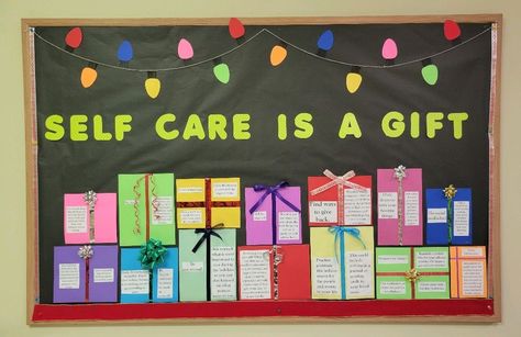 Winter Self Care Bulletin Board, Nurse Christmas Bulletin Boards, Counselor Christmas Bulletin Board, Christmas Work Bulletin Board Ideas, Holiday Ra Bulletin Boards, Christmas Health Bulletin Boards, Christmas Mental Health Bulletin Board, Christmas Ra Board, Mental Health Christmas Door