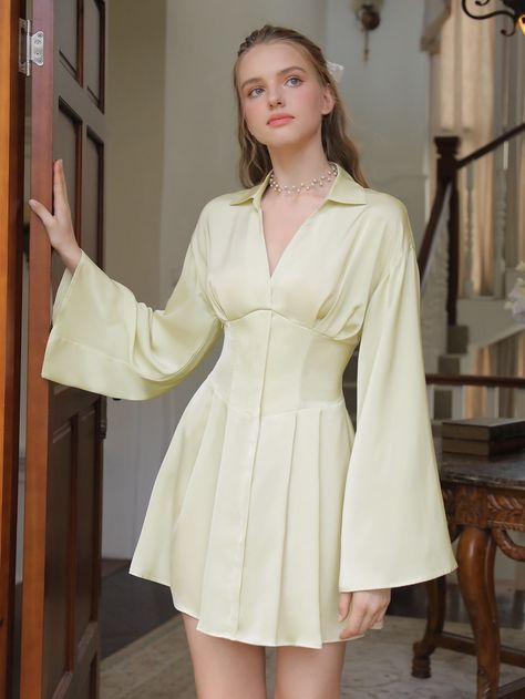 Bell Sleeve Dress Outfit, Satin Skirt Outfit, Pleated Shirt Dress, Draping Fashion, Bell Sleeve Shirt, Pleated Shirt, Dress Shirt Sleeves, Stylish Dress Designs, Modest Fashion Outfits