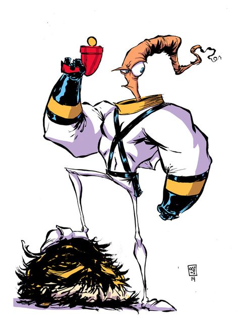 Earthworm Jim by Skottie Young Earth Worm, Earthworm Jim, Skottie Young, Indie Comic, Young Art, Classic Cartoon Characters, Games Art, Earthworms, Science Fiction Art