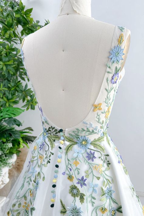 MissJophiel V Neck Sleeveless Colorful Floral Applique Long Wedding Dress Floral Print Wedding Dress, Long Wedding Dress, Hitching Post, Floral Pattern Dress, Fabric Accessories, Floral Tea, Long Wedding Dresses, Floral Applique, Tea Length