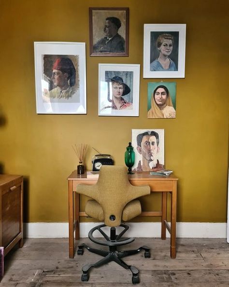 Yellow Blue Bedroom, Mustard Ceiling, Yellow Home Office, Hygge Bedroom, London Decor, Mustard Yellow Walls, Yellow Office, Mustard Walls, Yellow Room