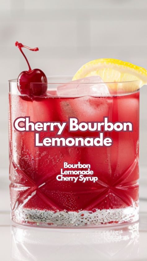 When looking for a drink with a kick, Cherry Bourbon Lemonade is the perfect mix of sweet and strong. The smooth bourbon complements the tart lemonade, while cherry syrup adds a burst of flavor. #cherrybourbonlemonade via @mybartender Cherry Cocktails, Bourbon Mixed Drinks, Bourbon Lemonade, Bourbon Drinks Recipes, Lemonade Cocktails, Cherry Bourbon, Whiskey Lemonade, Cocktail Cards, Creative Drinks