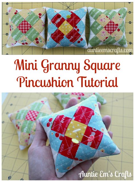 Make a mini granny square pincushion for your sewing swap and keep one for yourself! These are too cute to pass up. Tutorial by AuntieEmsCrafts.com. Pincushion Tutorial, Granny Square Quilt, Sewing Cushions, Pin Cushions Patterns, Needle Books, Scrap Fabric Projects, Pin Pals, Quilted Gifts, Miniature Quilts