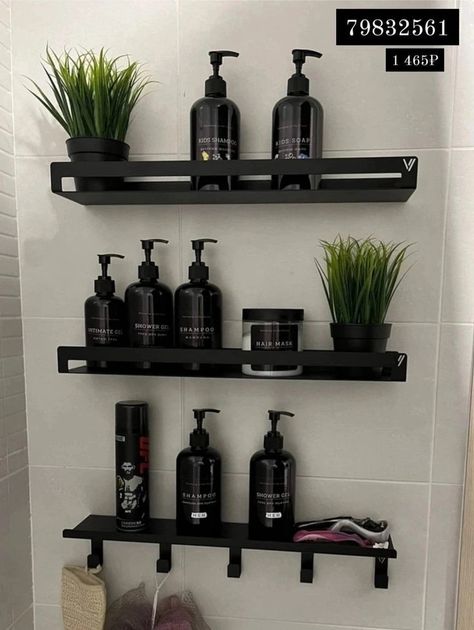 Garden Hideaway, Men Bathroom, Masculine Bathroom, Mens Bathroom, Dekorere Bad, Black Bathroom Decor, Shower Organizer, Restroom Decor, Shower Organization