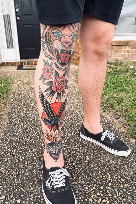 45 Traditional American Tattoos That are Bold and Beautiful | Inspirationfeed Traditional Tattoo Knee, Traditional Tattoo Leg Sleeve, Traditional Tattoo Filler, Traditional Tattoo Man, American Traditional Sleeve, Tiger Tattoo Sleeve, Tiger Tattoos, Traditional Tattoo Sleeve, Old School Tattoo Designs