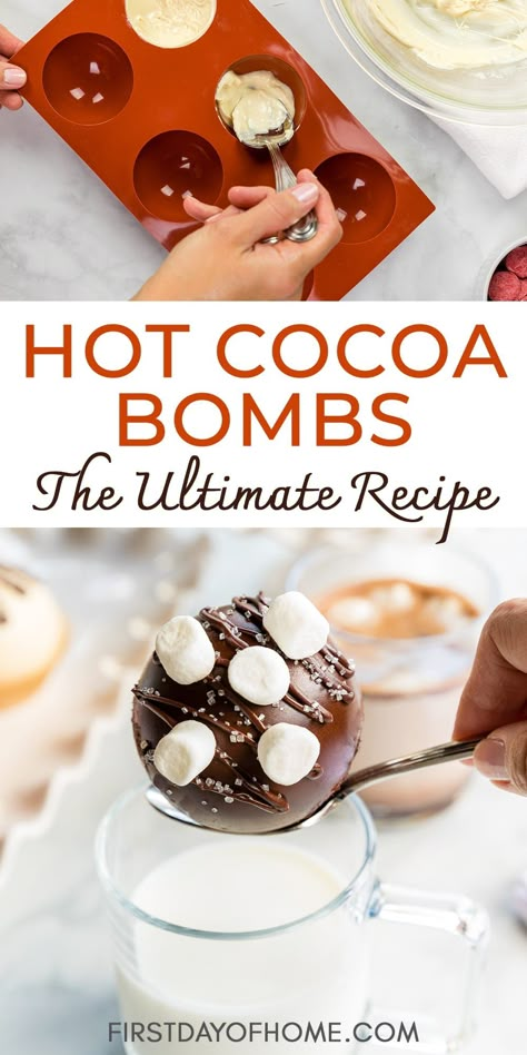 Learn how to make hot chocolate bombs at home just like the pros. This simple recipe includes tips to get a perfect shiny finish every time! These make great gifts for teachers, friends, and family. #hotchocolatebombs #hotcocoabombs #firstdayofhome Great Gifts For Teachers, Chocolate Balls Recipe, How To Temper Chocolate, Cocoa Drink, Store Bought Frosting, Delicious Hot Chocolate, Bombe Recipe, Hot Coco, Homemade Hot Chocolate