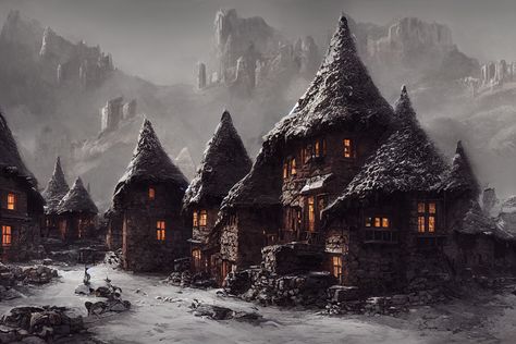 an espalier village, made of stone and wood houses, in the foreground, located on a rocky and snowy mountain flank, no sky visible, cinematic, concept art Fantasy Village, Wood Houses, Stone And Wood, Minecraft Inspo, Snowy Mountain, Stone Mountain, Snowy Mountains, Mountain House, House In The Woods