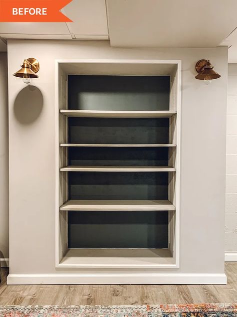 Paint Inside Built Ins, Built In Cabinet Hallway, Inset Bookshelves In Wall, Shelves With Painted Backs, Bedrooms With Built In Shelves, Creative Built Ins, Built Into Wall Shelves, Painting Built In Shelves, Update Built In Shelves