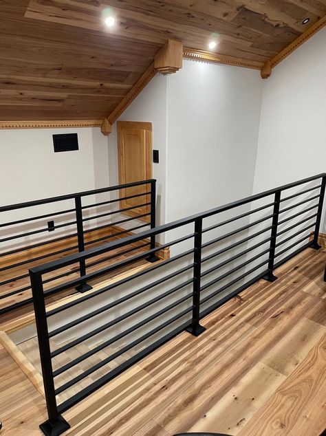 Buy a Custom Length Railing, Modern Metal Horizontal Bar Stair Railings, USA Made – optimumhandrails Black Metal Loft Railing, Horizontal Railings For Stairs, Home Railing Ideas, Stair Railing Ideas Horizontal, Bilevel Staircase Ideas, Farmhouse Iron Stair Railing, Modern Loft Railing Ideas, Metal Horizontal Stair Railing, Metal Indoor Railing