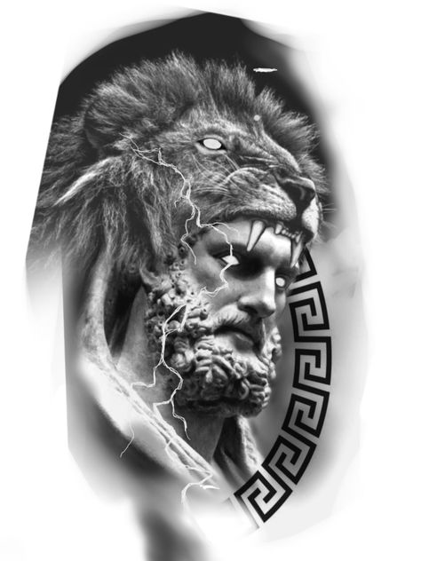 Hercules Tattoo, Greek God Tattoo, Gladiator Tattoo, Chicano Tattoos Sleeve, Zeus Tattoo, Half Sleeve Tattoos Drawings, Realistic Tattoo Sleeve, Lion Head Tattoos, Tattoos Men