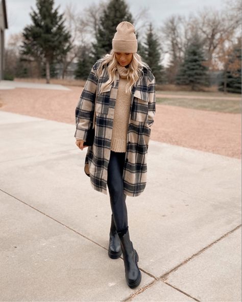 Plaid shacket, longline plaid shacket, lug boots, knit beanie, oversized beanie, leather leggings, winter outfit Leather Leggings And Shacket Outfit, Checked Shacket Outfit Women, Shacket And Boots Outfit, Sweater And Shacket Outfit, Shacket Winter Outfit Women, Brown Faux Leather Shacket Outfit, Teacher Shacket Outfit, Long Flannel Shacket Outfit, Long Shacket Outfit Women Winter