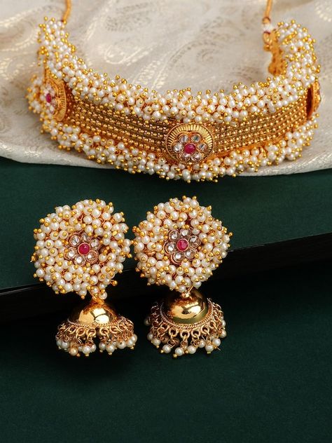 Buy Rubans Women Gold Plated & White Stone & Pearl Embellished Jewellery Set - Jewellery Set for Women 10616804 | Myntra Jewellery Set, White Stone, Set For Women, Jewelry Set, Jewelry Sets, Gold Plate, Crown Jewelry, Plating, For Women