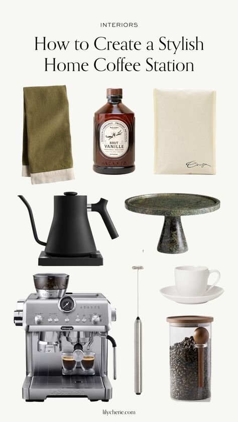 home coffee station Coffee Machine Corner Kitchen, Bookshelf Coffee Station, Chic Coffee Station, Breville Coffee Station Ideas, Coffee Station Accessories, Coffee Shop Style Kitchen, Styling A Coffee Bar, Bedroom Coffee Station Ideas, Lazy Susan Coffee Station