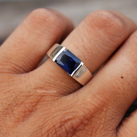 Natural Sapphire Ring, Men's Ring, 925 Sterling Silver Ring, Handmade Ring, Promise Ring, Blue Sapphire Ring, Wedding Ring, Gift For Him/Her Metal: 925 Sterling Silver Gemstone : Sapphire  Stone Color : Blue  Stone Shape : Rectangle Stone Setting: Channel Benefits of wearing Blue Sapphire :- Wearing the Blue Sapphire provides protection against theft, terror, accidents, and problems caused due to natural calamities like storms, fire etc. Therefore blue sapphire acts like a shield protecting the person from all dangers. Benefits of wearing silver:- Wearing silver jewelry is proved in fighting infection and preventing yourself from cold and flu, and many kinds of bacteria and viruses. Silver helps expand blood vessels elastic. This condition makes it possible for the quick formation of bones Blue Ring For Men, Safire Rings, Sapphire Ring Men, Sapphire Ring For Men, Blue Sapphire Promise Ring, Mens Sapphire Ring, Natural Calamities, Stone Rings For Men, Promise Rings For Guys