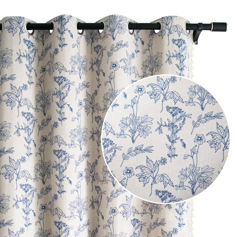 PRICES MAY VARY. The floral curtain package includes 2 panels, each 52 inches wide. Linen curtains are available in lengths of 53 inches long, 84 inches long and 96 inches long to accommodate most curtain sizes. The grommets at the top of the curtains feature a sturdy metal design that is both attractive and strong enough to fit through curtain rods up to 1.55 inches. The simple metal grommet design simply goes through the curtain rod and is very easy to pull. Exquisite vintage printed curtains Cortinas Country, Blue Floral Curtains, French Country Curtains, Linen Curtain, Country Curtains, Farmhouse Curtains, Vintage Curtains, Curtains For Living Room, Sheer Drapes