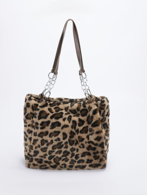 Brown Preppy Collar  Polyester Animal,Leopard Print Shoulder Tote Bag Embellished   Women Bags Cheetah Print Outfits, Angel Accessories, Fluffy Bag, Preppy Bags, Leopard Print Bag, Leopard Tote, Leopard Bag, Leopard Pattern, Shoulder Tote Bag