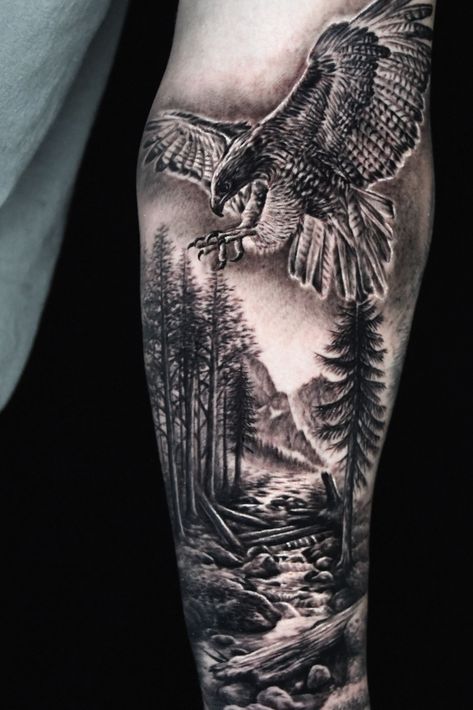 Forest tattoo #sleevetattoo #tattoosformen Animal Half Sleeve Tattoo, Half Sleeve Tattoos Nature, Half Sleeve Tattoo Ideas, Natur Tattoo Arm, Adler Tattoo, Tree Sleeve Tattoo, Hirsch Tattoo, Wildlife Tattoo, Forest Tattoo