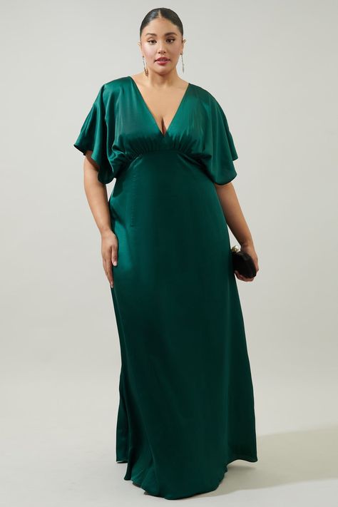 Darling Flutter Sleeve Cut Out Satin Maxi Dress Curve Plus Size Satin Dress, Empire Cut Dress, Plus Size Wedding Guest Dress, Curvy Women Dresses, Updo Curly, Plus Size Gowns, Plus Size Party Dresses, Empire Waist Dress, Hair Updo