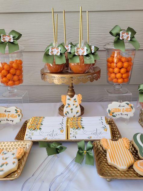 Little Cutie Baby Shower Dessert Table, Little Cutie Table Decor, Little Cutie Baby Shower Table Decor, Hello Cutie Baby Shower Ideas, Cuties Themed Baby Shower Ideas, Little Cutie Dessert Table, Little Cutie Gender Reveal Decorations, Little Cutie Centerpiece Ideas, Little Cutie Baby Shower Food