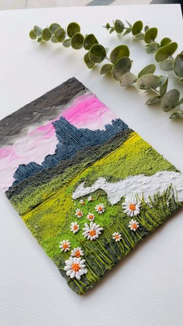 Air Dry Clay Landscape, Clay Art Work On Canvas, Air Dry Clay Projects Wall Art, Diy Clay Painting, Cardboard Clay Art, Clay Art In Canvas, Canvas Clay Painting, Air Dry Clay Art On Canvas, Air Dry Clay On Canvas Art Diy