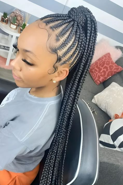 Feed-In Cornrows Ponytail Cornroll Ponytail For Black Women, Braiding Ponytail Hairstyles Black, Hair Braided Up Into Ponytail, Quick And Cute Braided Hairstyles, Quick Braid Ponytail, Braided Ponytail Cornrows, Braided Ponytail With Design, Medium Braided Ponytail, Feed In Braided Ponytail