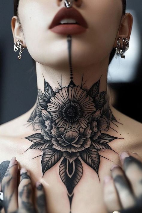 Back Of Neck Tattoo Placement, Tattoo Cover Up Ideas Back Of Neck, Neck Tattoo Sleeve Women, Chest And Throat Tattoo Female, Blackwork Throat Tattoo, Collar Neck Tattoo, Raven Tattoo Neck, Female Back Of Neck Tattoo, Woman’s Neck Tattoo