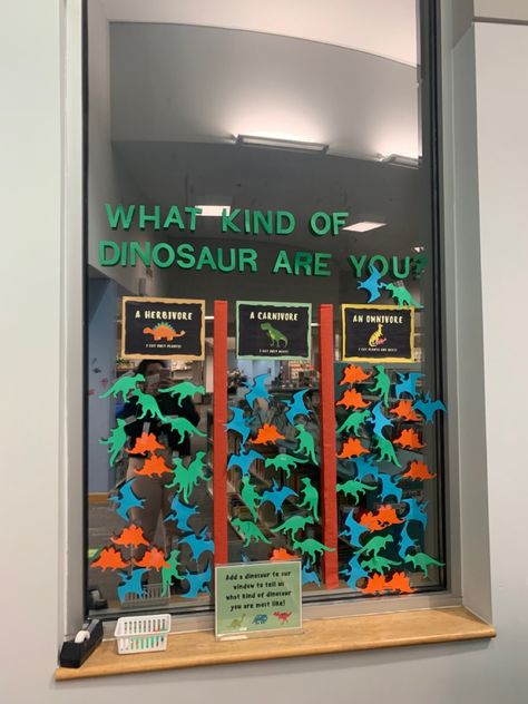 Children's display asking children if they were a herbivore, carnivores or omnivore. Supplies included dino cutouts, tape, and signs made in Canva. #library #librarydisplays #dinosaur #learning #librarian #thisorthat Dinosaur Library Display, Dinovember Library Display, Adventure Library Programs, Dinovember At The Library, Dinovember Ideas, Interactive Library, Passive Programming Library, Whiteboard Prompts, Passive Programming