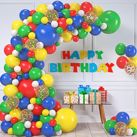 PRICES MAY VARY. 【EVERYTHING YOU NEED IN 1 KIT】Make your party come to life with a big beautiful balloon garland! Dress up your Sesame Street birthday party supplies or Mario party supplies with this Primary Color balloon arch kit. Contains 115 red, blue, green, yellow, white Mario balloons and accessories all in 1 Kit. PLUS, you get Step-by-Step Instructions for creating your Mario balloon arch kit. You will be shocked at how FAST and EASY it is to assemble, even if it’s your 1st time! 【EASY DI Primary Color Birthday Party Decorations, Red Blue Yellow Green Birthday Party, 5 Color Balloon Arch, Primary Color Birthday Party, Mario Balloons, Primary Color Party, Elmo Party Decorations, Lego Party Decorations, 3 Balloon