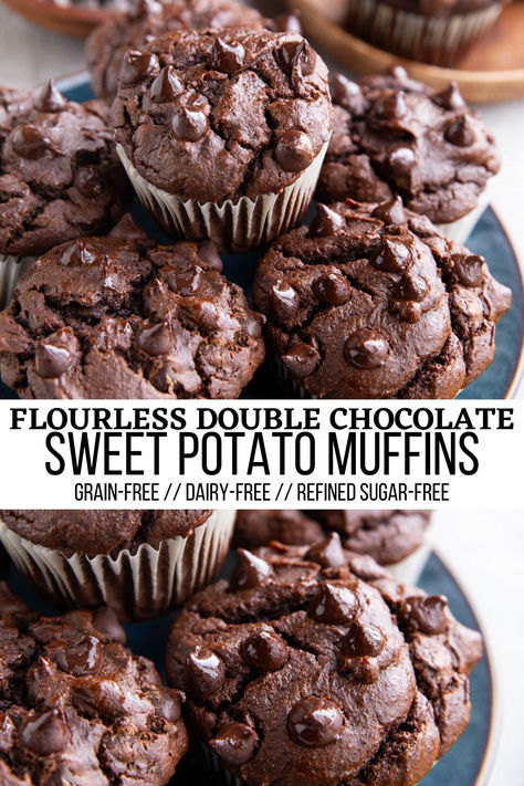 chocolate sweet potato muffins Sweet Potato Chocolate Muffins, Healthy Sweet Potato Muffin Recipes, Paleo Sweet Potato Muffins, Sweet Potato Muffins Healthy, Flourless Chocolate Muffins, Glutenfree Muffins, Healthy Sweet Potato Muffins, Chocolate Sweet Potato, Paleo Muffin Recipes