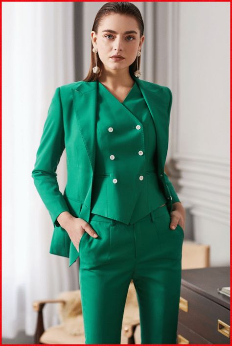 Female Suits, Executive Fashion, Pant Suits, Green Suit, Pantsuits For Women, White Button Down Shirt, Power Suit, Strong Female, Tapered Trousers