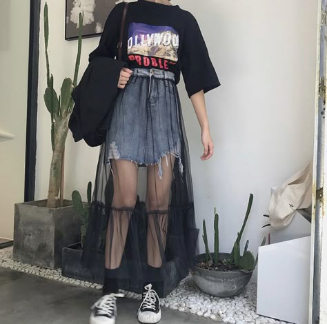 Mesh Skirt Outfit Ideas, Mesh Skirt Outfit, Ripped Denim Skirt, Fest Outfits, Interesting Outfits, Stylish Work Attire, Distressed Denim Skirt, Mesh Overlay, Ripped Denim