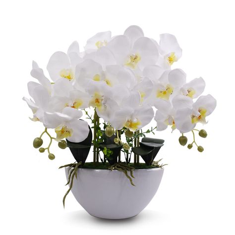 Plants For Office Desk, Plants For Office, Office Plants Desk, Faux Orchid, Home Table Decor, Elegant Living Room Decor, White Ceramic Vase, Home Design Diy, Artificial Orchids