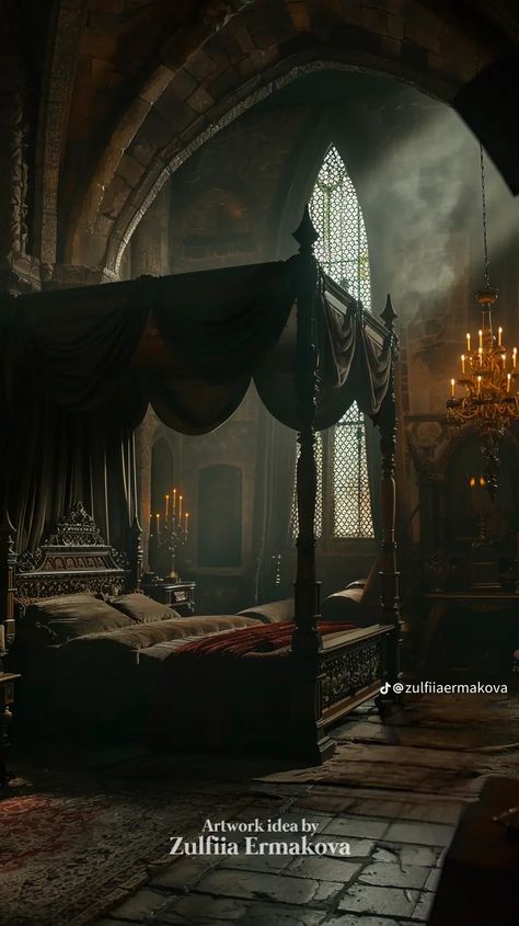 Dark Academia Castle Bedroom, Gothic Royal Bedroom, Victorian Era Bedroom Aesthetic, Medieval Royal Bedroom, Medieval Great Hall, Gothic Castle Bedroom, Medieval Castle Aesthetic Interior, Old Mansion Bedroom, Creepy Castle Interior