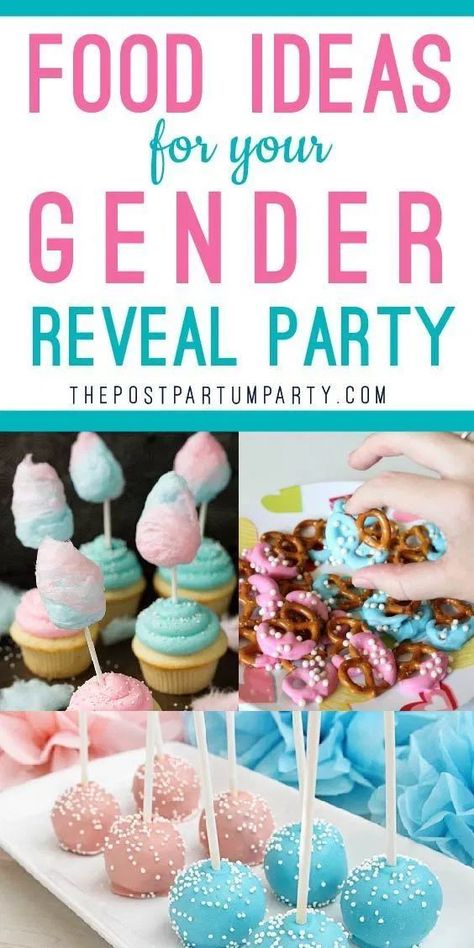 Gender Reveal Ideas For Party 2023, Party Food Gender Reveal, Gender Reveal Ideas Food Snacks, Gender Food Reveal Ideas, Gender Reveal Snacks Finger Foods, Snack Ideas For Gender Reveal Party, Pink And Blue Party Food, Gender Reveal Refreshments, Small Gender Reveal Food Ideas