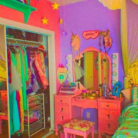 Clown Bedroom Aesthetic, Rainbow Bedroom Aesthetic, Kidcore Bedroom Aesthetic, Multi Colored Walls, Clowncore Room, Kidcore Aesthetic Room, Rainbow Room Aesthetic, Weirdcore Bedroom, Kidcore Bedroom