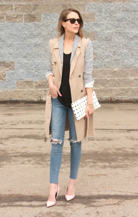 Sleeveless Coat Outfit, Kimberly Smith, Sleeveless Trench Coat, Penny Pincher Fashion, Duster Vest, Sleeveless Trench, Wardrobe Color, Work Uniform, Sleeveless Blazer