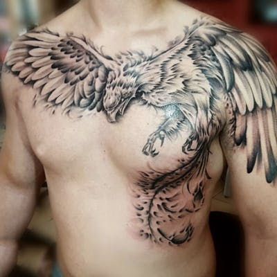 Phoenix Chest Tattoo Men, Phoenix Tattoo Chest, Phoenix Chest Tattoo, Tattoo Chest And Shoulder, Tato Geisha, Phoenix Tattoo Men, Phoenix Tattoo Sleeve, Phoenix Tattoo For Men, Rabe Tattoo