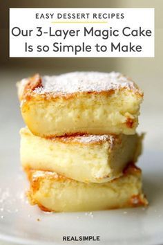 3-Layer Magic Cake Is Surprisingly Simple to Make | Click here for our easy 6-ingredient custard cake recipe that is so simple to make. This easy cake recipe can be transformed for any special occasion with your favorite seasonal ingredients. #dessertrecipes #cakeideas #realsimple #easycakerecipe Apple Magic Cake Recipe, The Thing Cake Recipe, Lemon Magic Custard Cake Recipe, Magic Layer Cake, Not Too Sweet Cake Recipes, 3 Layer Magic Cake Recipe, Easy Tart Recipes Simple, Easy Custard Desserts, 3 Recipe Desserts