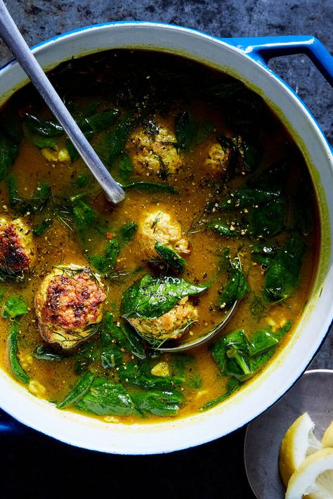 Chicken Meatball Soup, Chicken Feta, Soup With Spinach, Lemony Chicken, Ground Chicken Recipes, Meatball Soup, Spinach Soup, Nyt Cooking, Chicken Meatballs