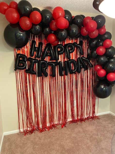 Red and Black party, birthday decor, balloon garland Birthday Decoration Red And Black, Red Theme Decorations, Black And Red Decorations Birthday, Red And Black Bday Theme, Black Red Birthday Decorations, Red Party Ideas Decorations, Black And Red Birthday Theme For Men, 18th Birthday Party Ideas Red And Black, Red Black Birthday Party Decoration