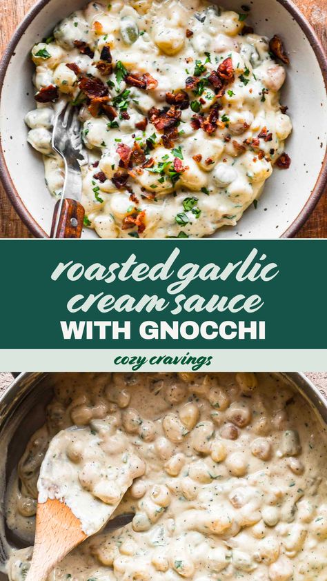 This Roasted Garlic Cream Sauce with Gnocchi is incredibly decadent and rich with so much flavor thanks to a whole head of roasted garlic, bacon, fresh parsley, and plenty of parmesan. The gnocchi are cooked right in the sauce making it an easy one pan meal. Gnocchi And Cream Sauce, Gnocchi Garlic Butter Sauce, Shrimp And Gnocchi With Garlic Parmesan Cream Sauce, Gnocchi Recipes White Sauce, Garlic Butter Gnocchi Recipes, Fine Dining Gnocchi Recipes, Garlic Parm Gnocchi, White Sauce Gnocchi, Potato Gnocchi Recipes Sauces