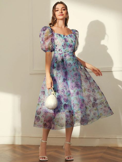 SHEIN Modely Allover Floral Print Puff Sleeve Dress | SHEIN USA Organza Frocks For Women, Organza Outfit, Organza Frocks, Maxi Dress Ideas, Floral Organza Dress, Seek First His Kingdom, Spring Wedding Guest Dresses, Organza Dresses, Floral Frocks