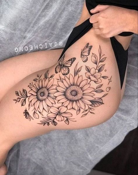 Butterfly And Flower Tattoo Designs, Butterfly And Flower Tattoo, Thigh Piece Tattoos, Tattoos Floral, Cute Thigh Tattoos, Sunflower Tattoo Shoulder, Cowboy Tattoos, Floral Thigh Tattoos, Hip Thigh Tattoos