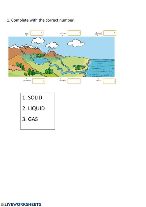 The three forms of water - Interactive worksheet Water Chart, Water Worksheet, Water Activities, School Subjects, Online Workouts, Google Classroom, Science And Nature, You Can Do, Colorful Backgrounds